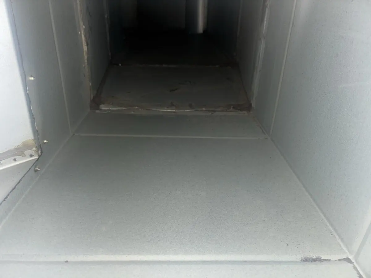 Square kitchen extract ductwork one metre from the canopy after cleaning